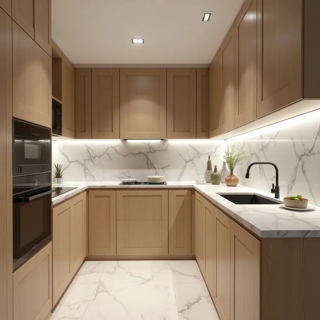 a photo of a kitchen with light marble countertops and wooden cabinetry