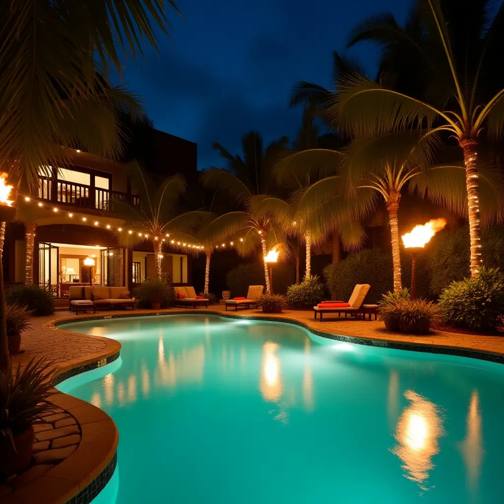 a photo of a tropical pool area with tiki torches and fairy lights