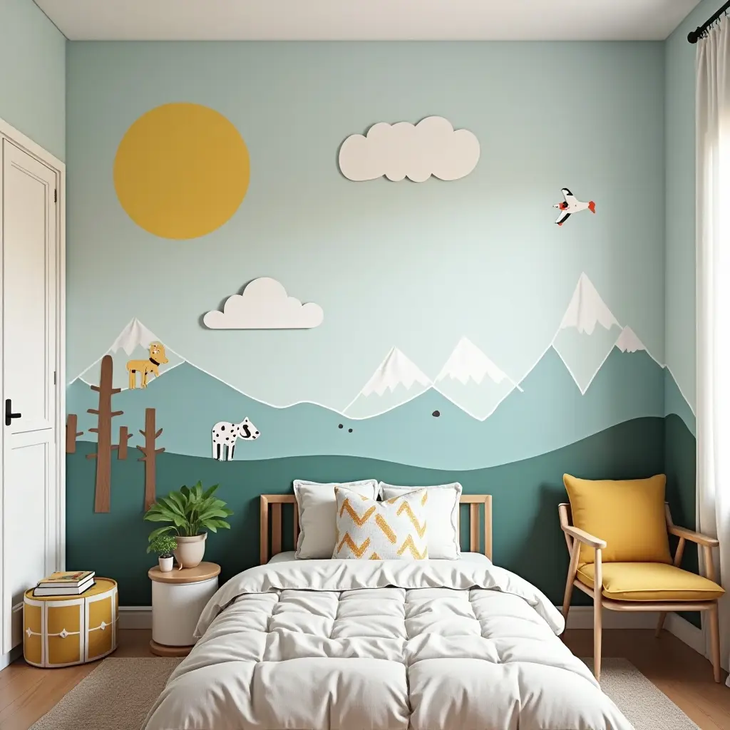 a photo of a small kids' bedroom with a creative wall mural
