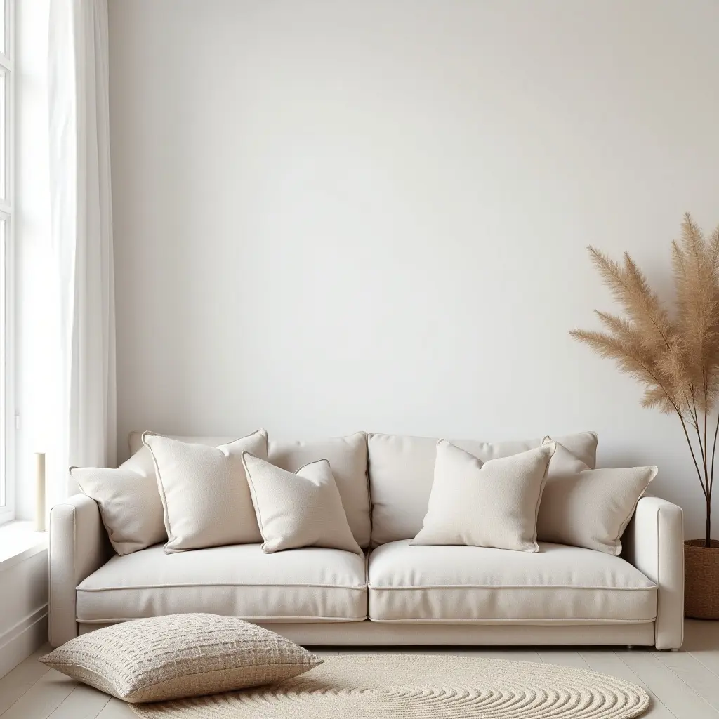 a photo of a cozy minimalist living room with soft textures and cushions