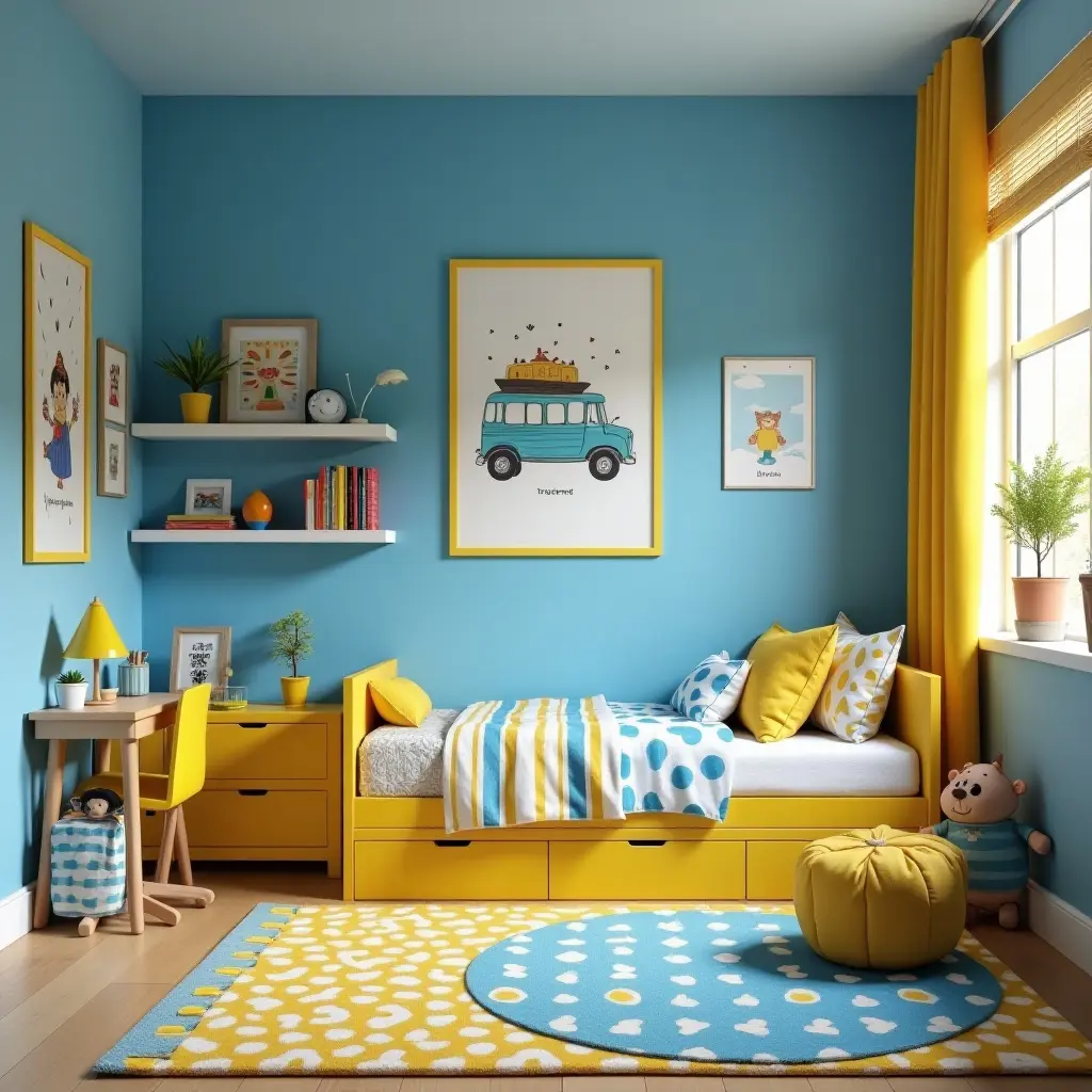 a photo of a vibrant blue and yellow kids' bedroom with playful decor