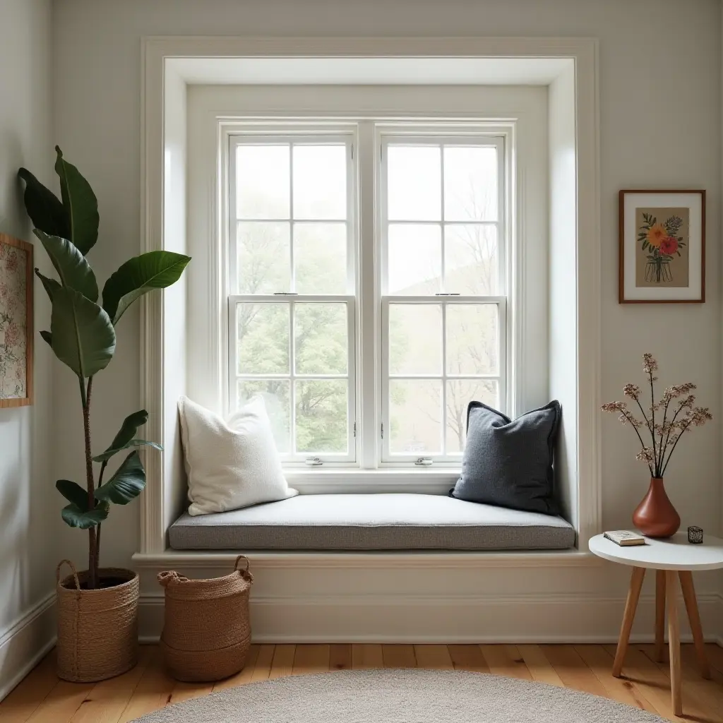 a photo of a study nook with a comfortable window seat