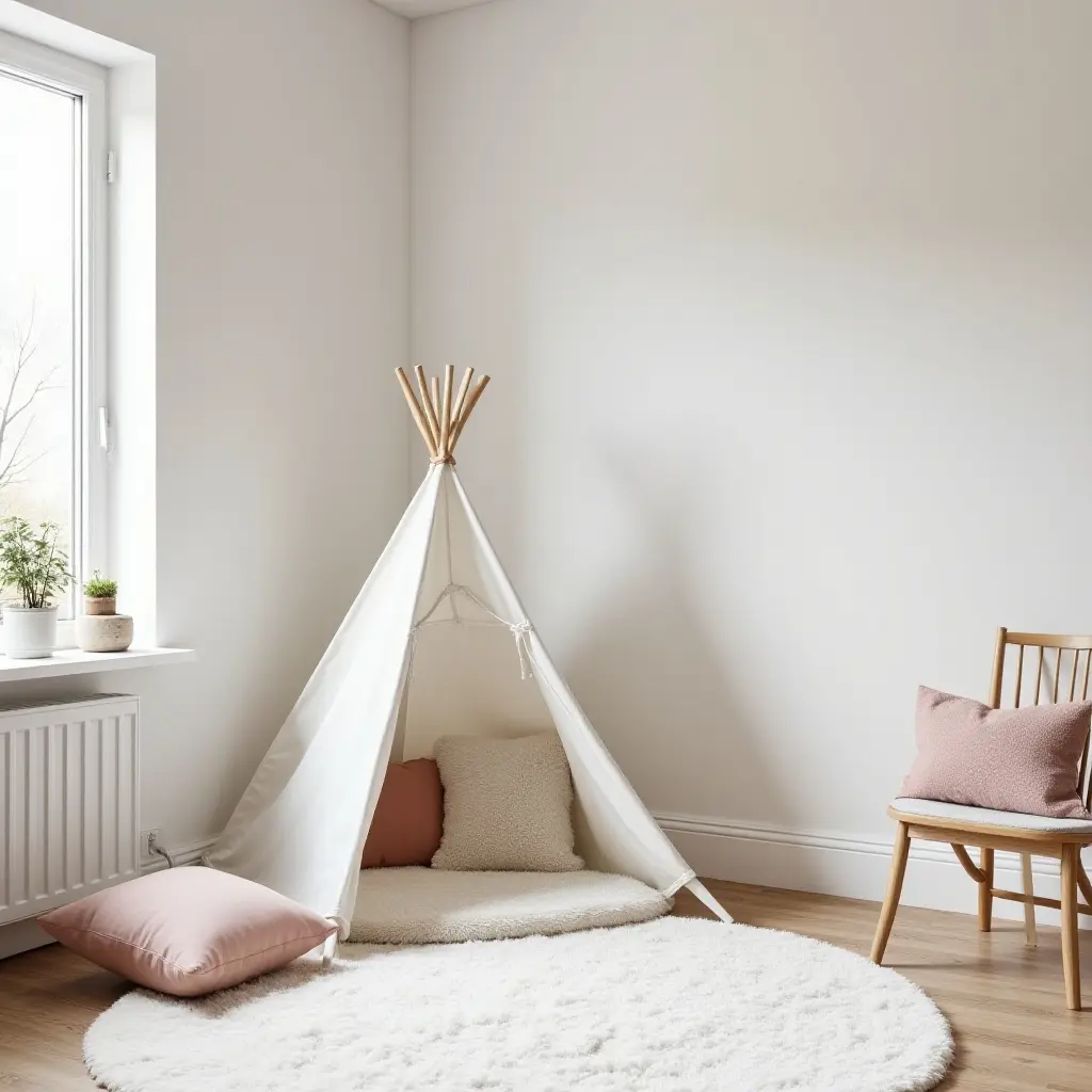 a photo of a playful Scandinavian-themed kids' room with a tent and soft cushions