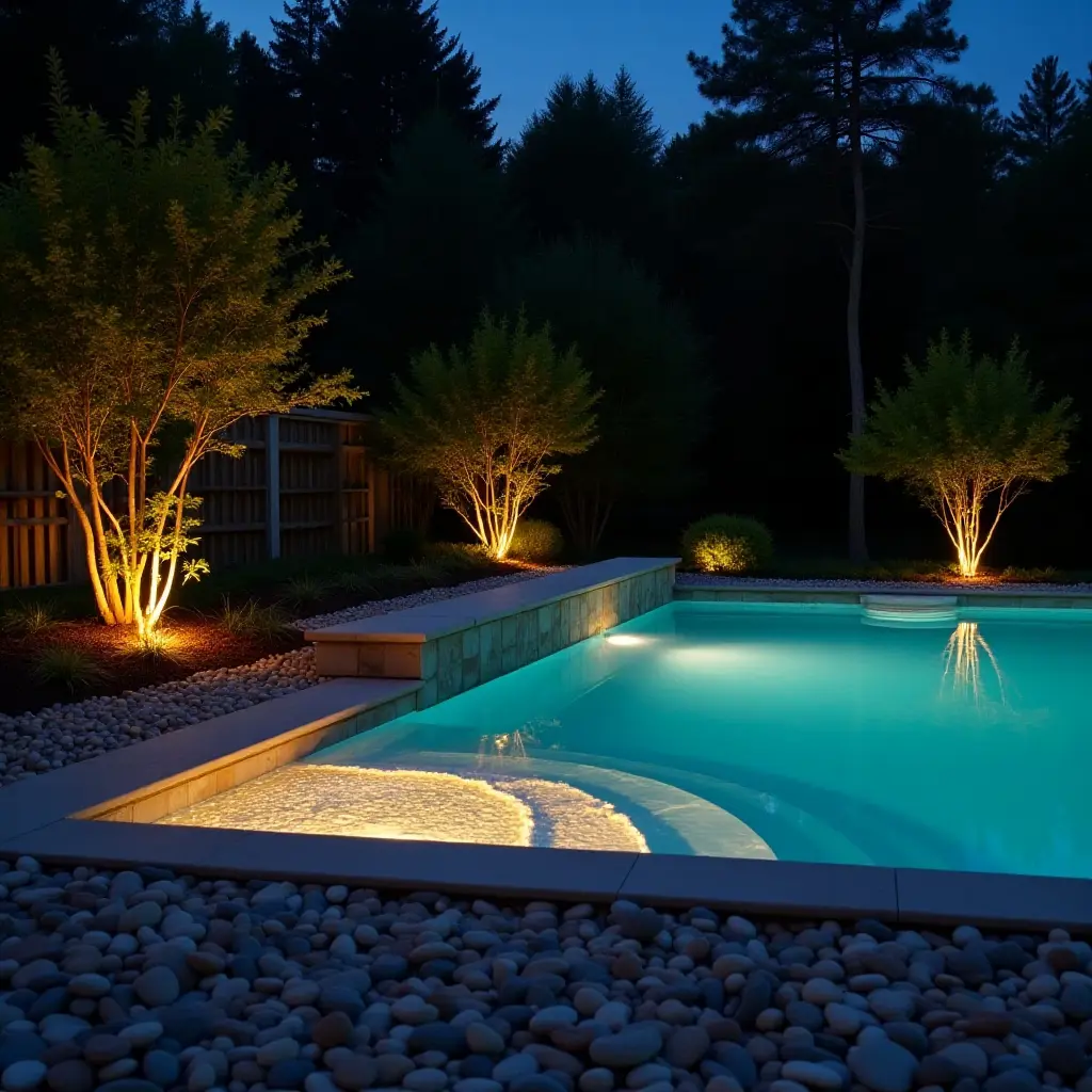 a photo of a pool area featuring glowing pebbles and plants