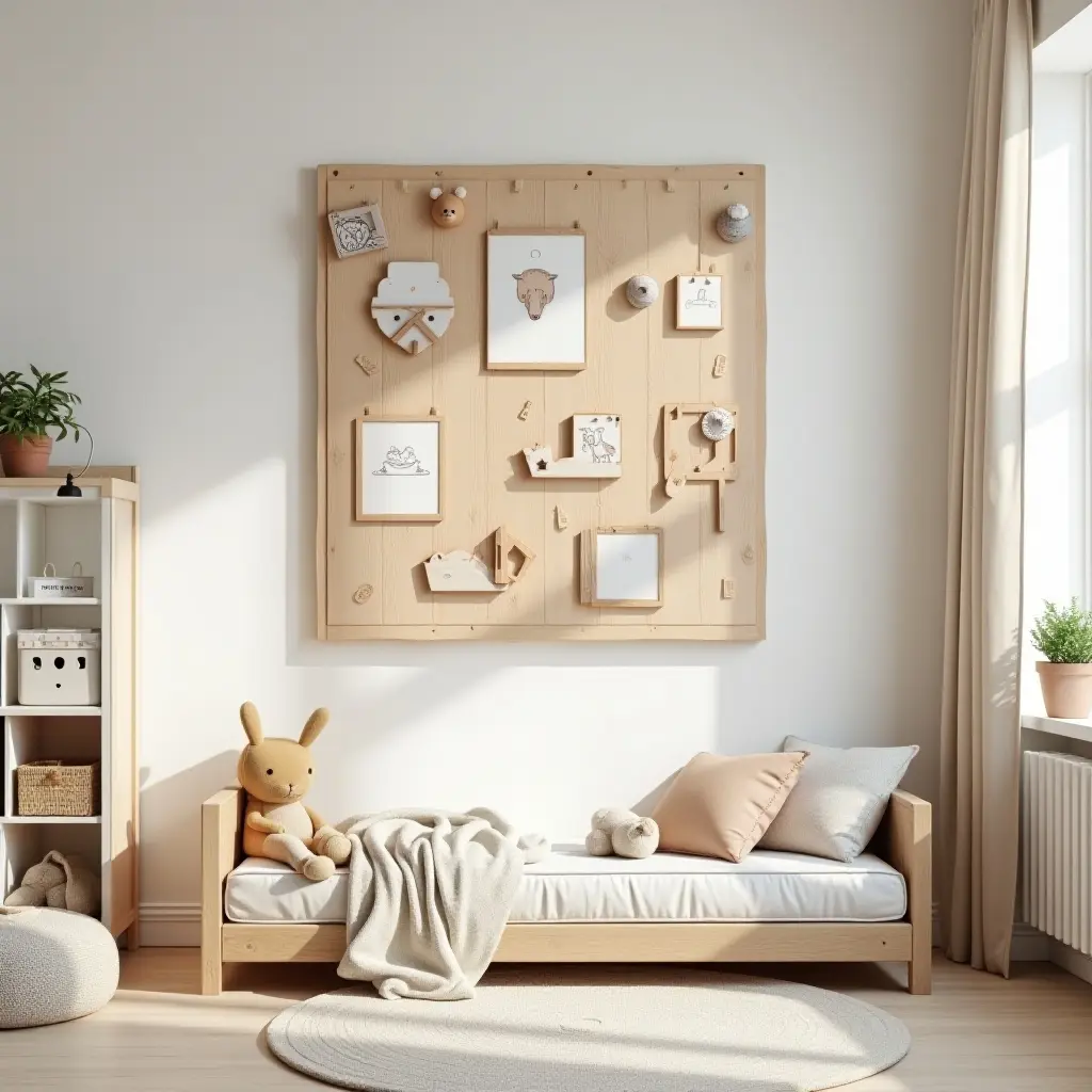 a photo of a cozy kids' room with a wooden art display wall