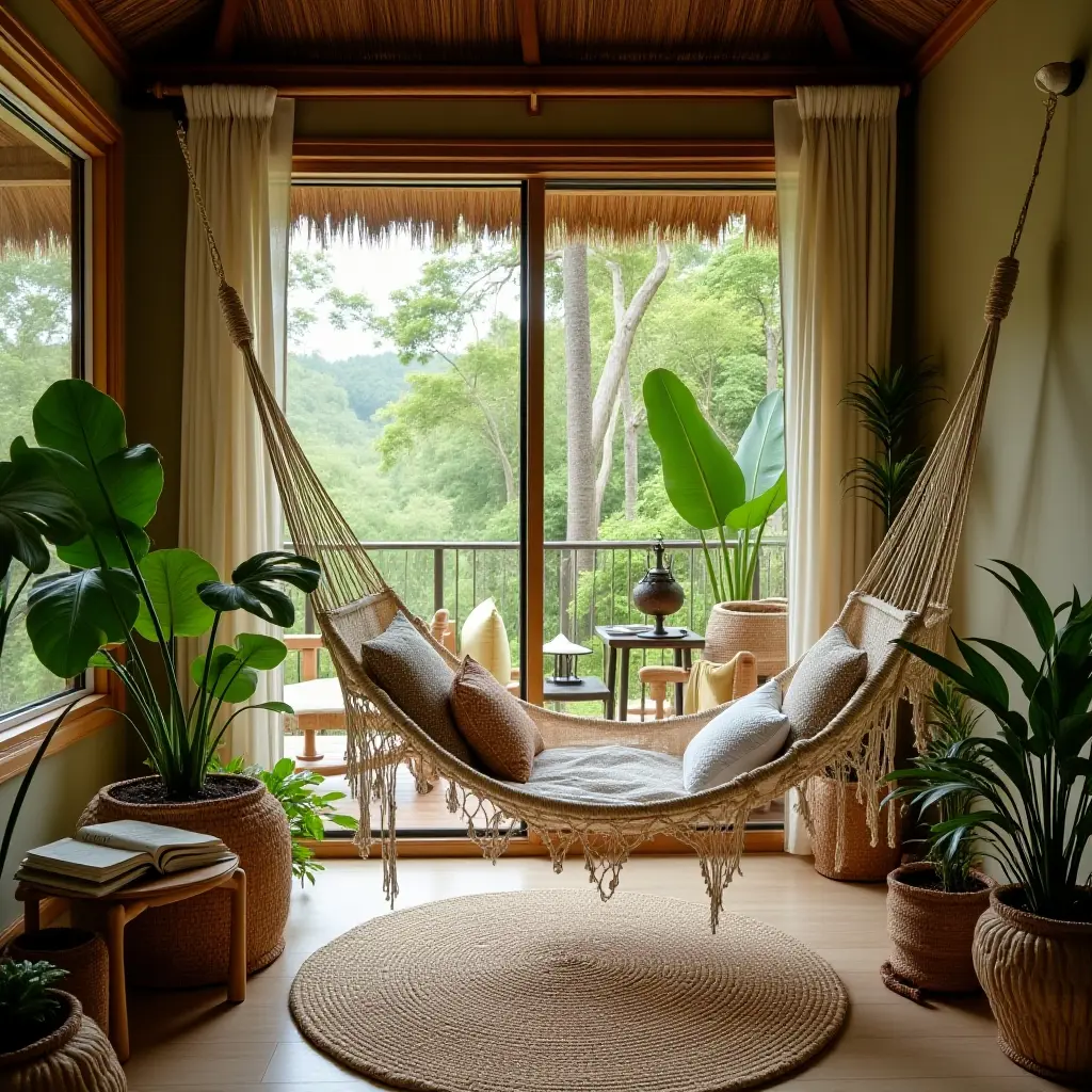 a photo of a reading nook with a hammock and tropical decor