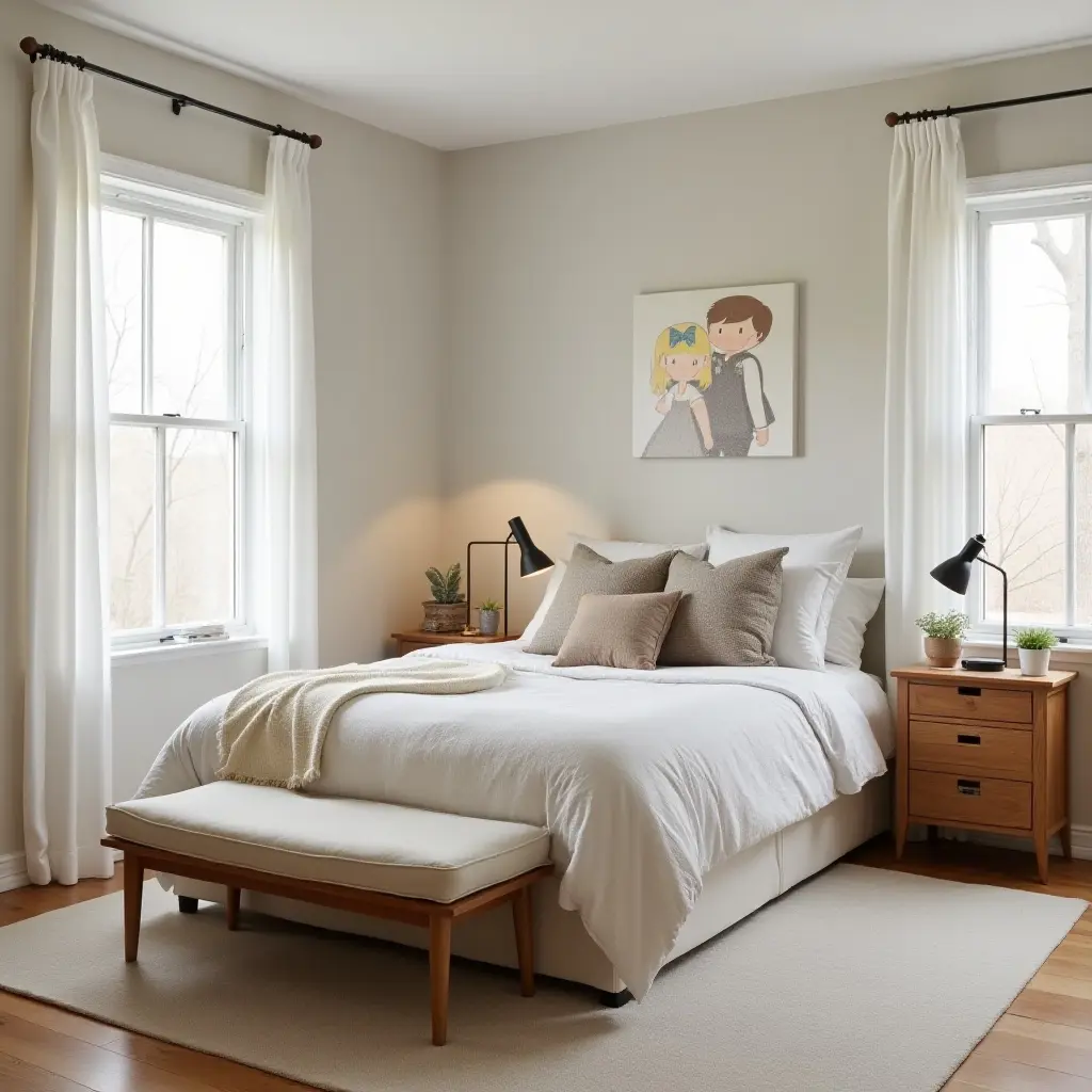 a photo of a stylish kids' bedroom with a wooden bench at the foot of the bed