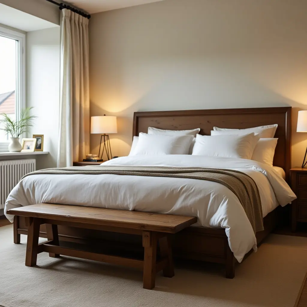 a photo of a rustic wooden bench at the foot of a bed