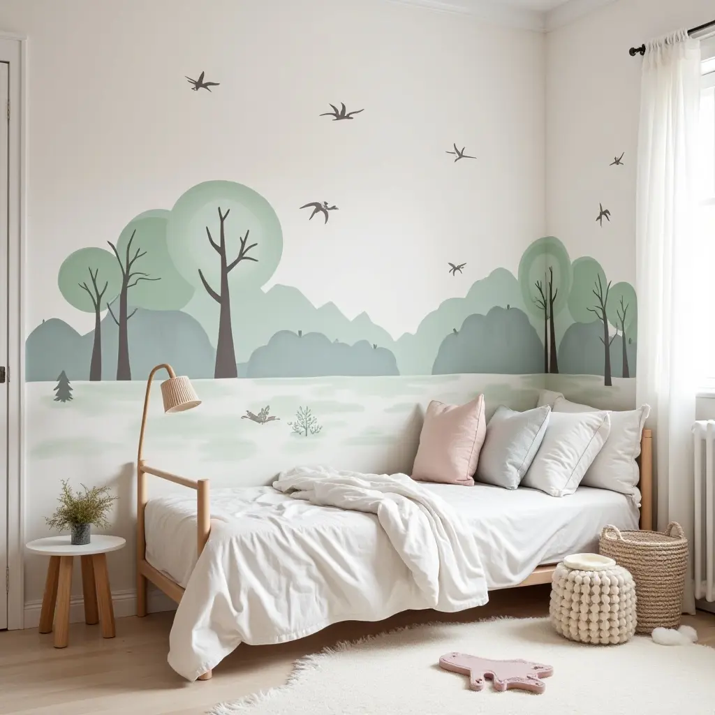 a photo of a charming Scandinavian-inspired kids' room with a fun wall mural