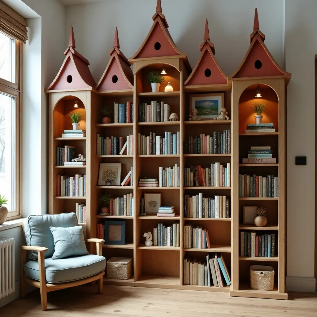 a photo of a castle-shaped bookshelf filled with fairy tale books