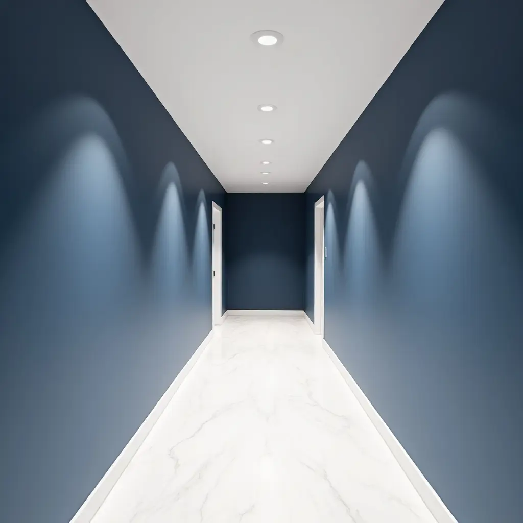 a photo of a classic navy blue and crisp white corridor