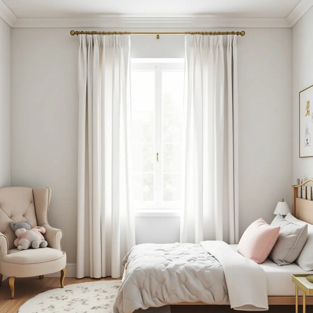 a photo of a charming children's bedroom with metallic curtain rods