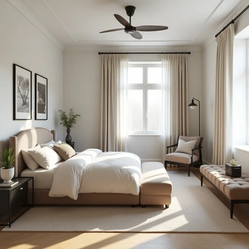 a photo of a spacious bedroom featuring a vintage chaise lounge and modern decor elements