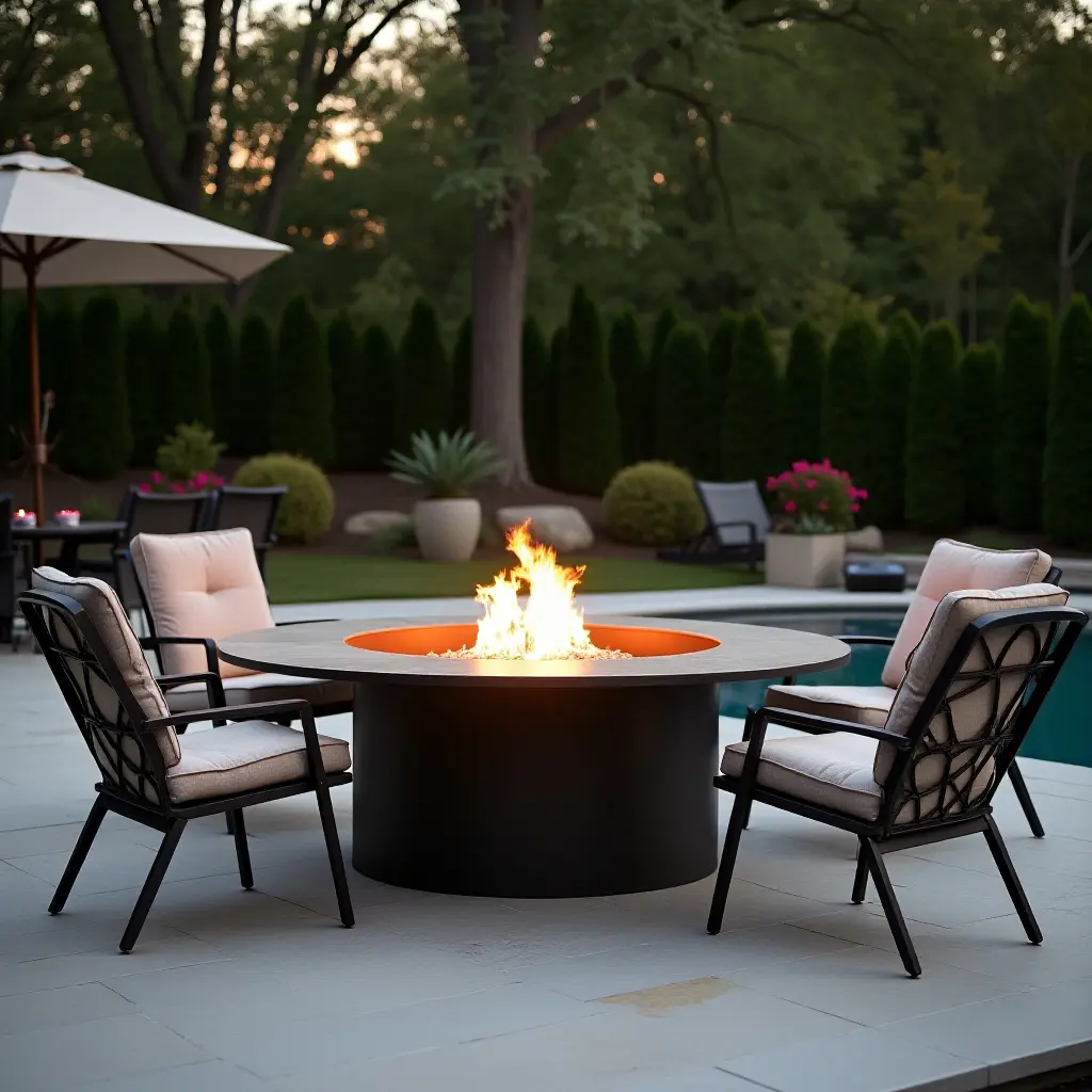 a photo of a modern fire pit table surrounded by poolside chairs