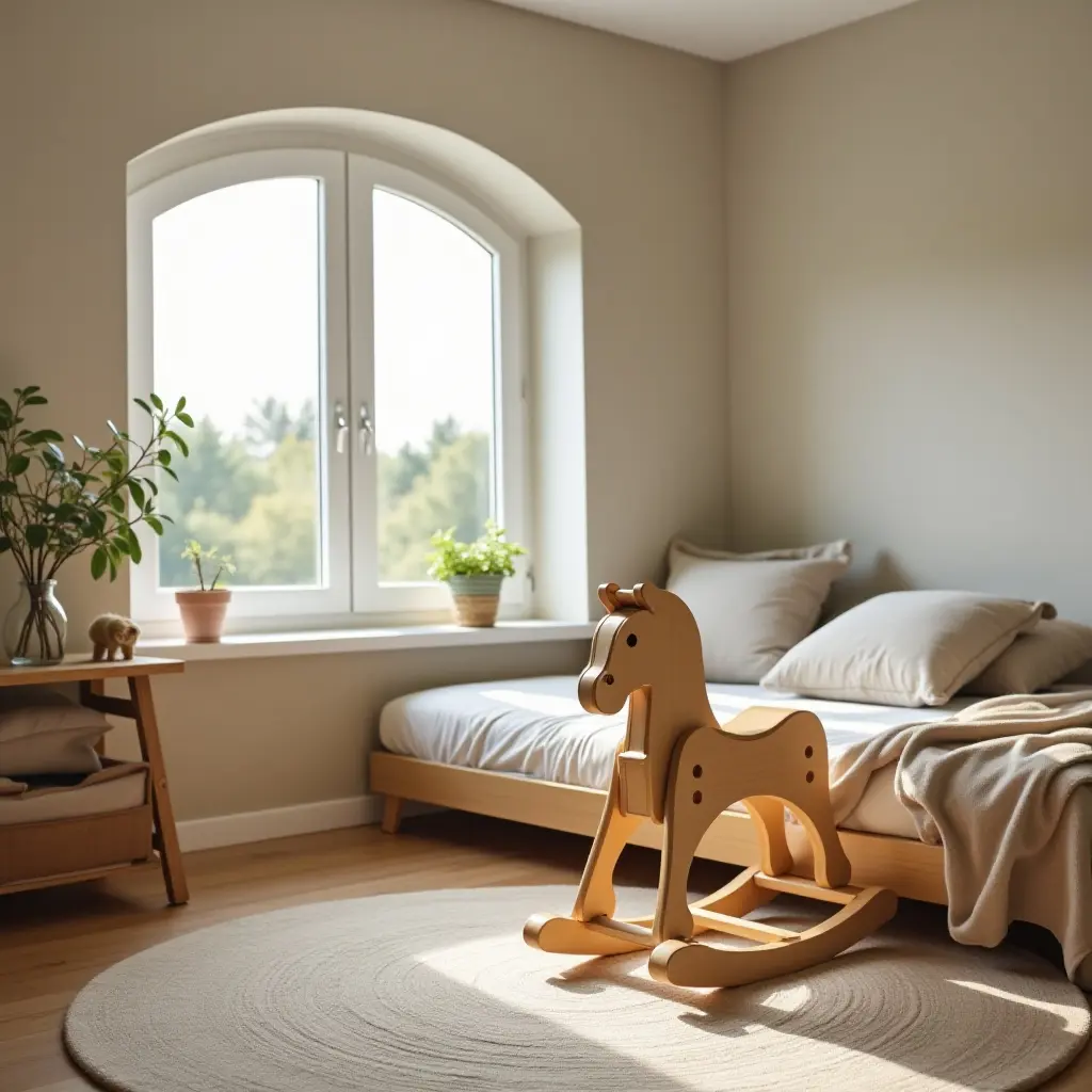 a photo of a charming kids' bedroom with a wooden rocking horse