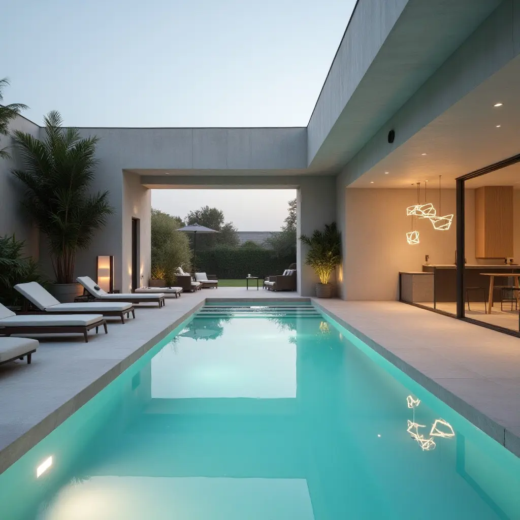 a photo of a minimalist pool area with geometric pendant lights