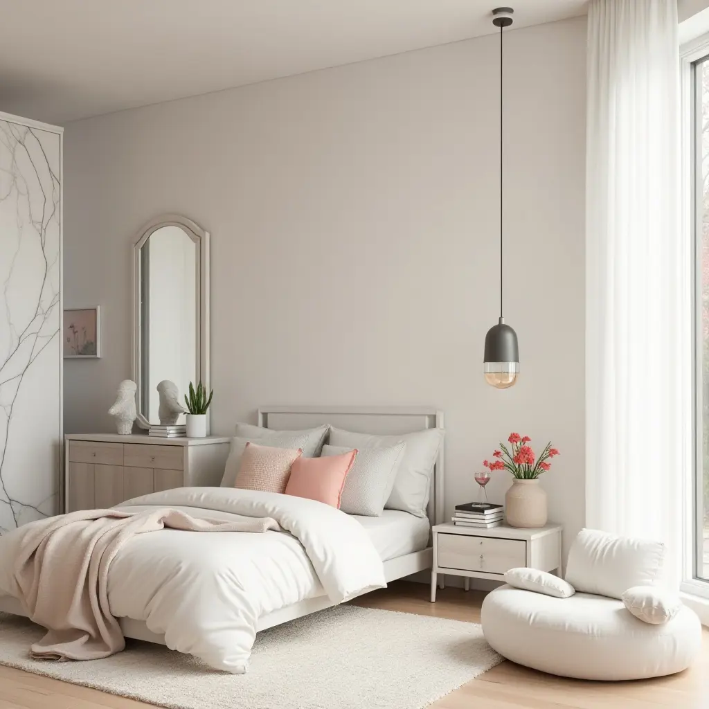 a photo of a minimalist kids' bedroom showcasing marble elements and bright colors