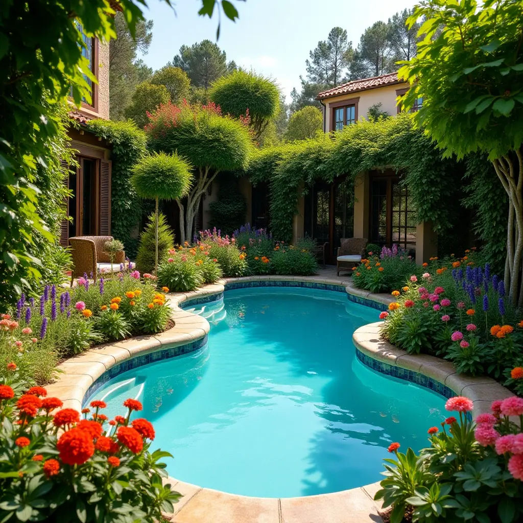 a photo of a whimsical garden pool surrounded by colorful flowers and greenery