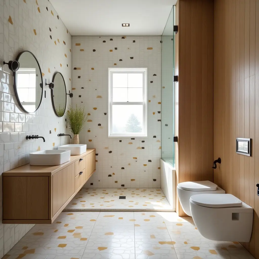 a photo of a family-friendly bathroom with playful tile, warm wood, and durable metal