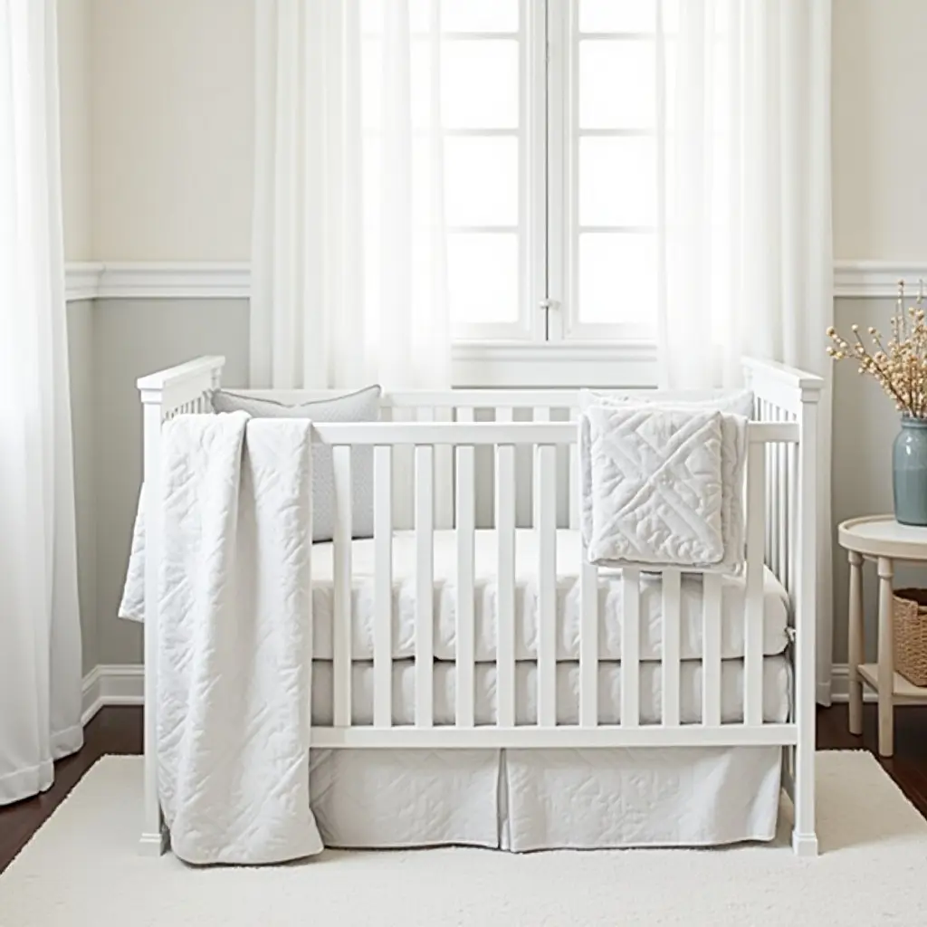 a photo of a nursery featuring a metallic silver crib bedding set