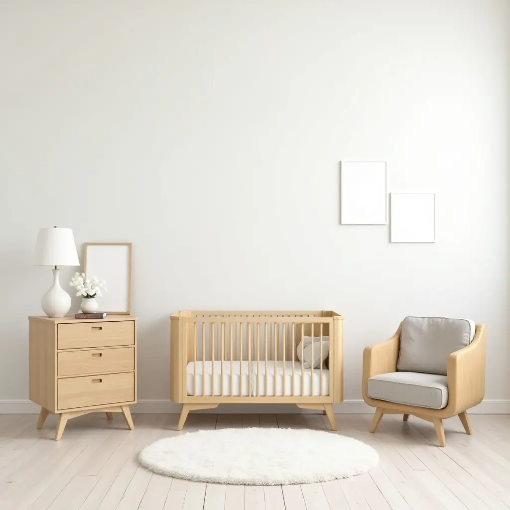 a photo of a clean nursery design with light wood furniture and white walls