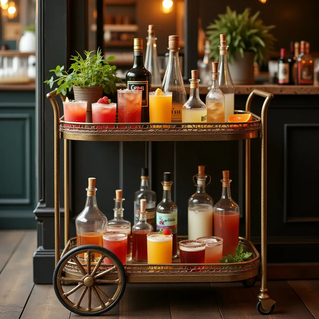 a photo of a vintage bar cart adorned with classic cocktails and glassware