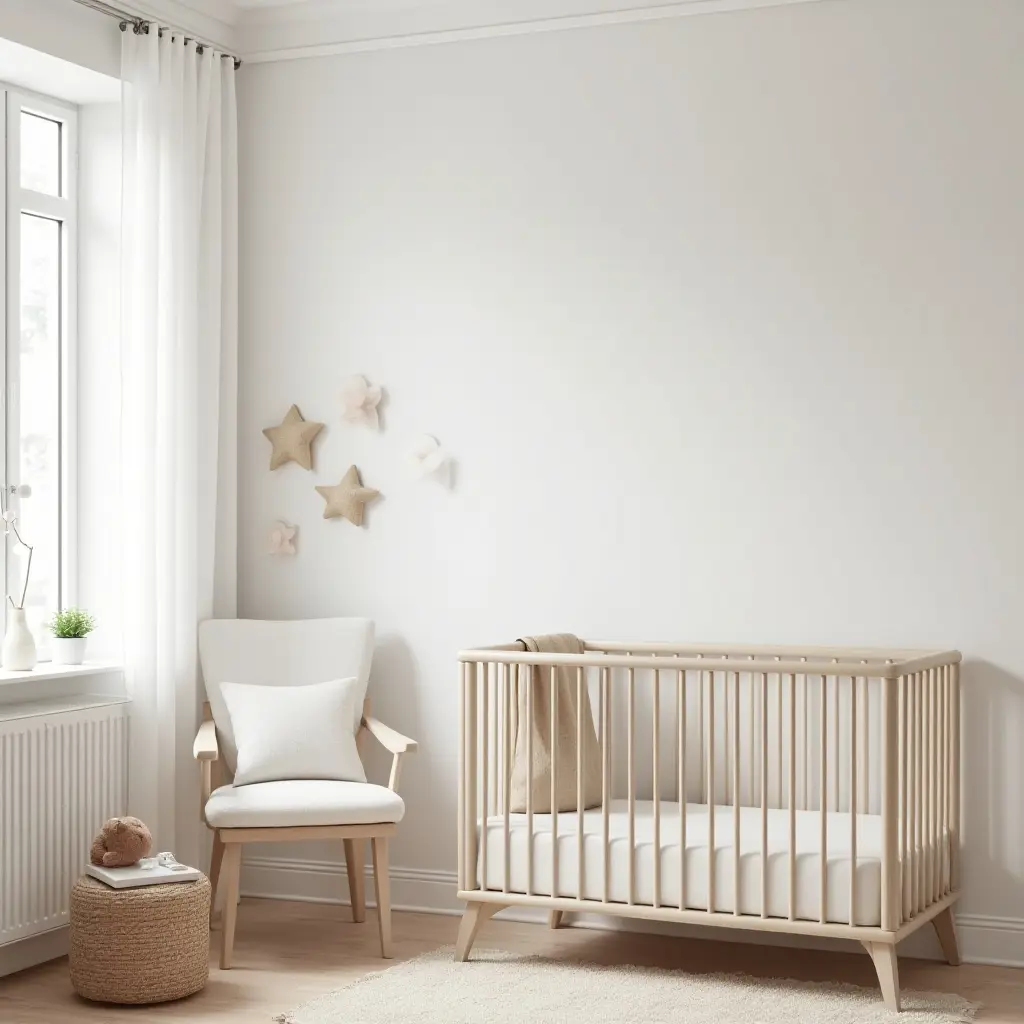 a photo of a cozy nursery with a minimalist aesthetic and functional furniture