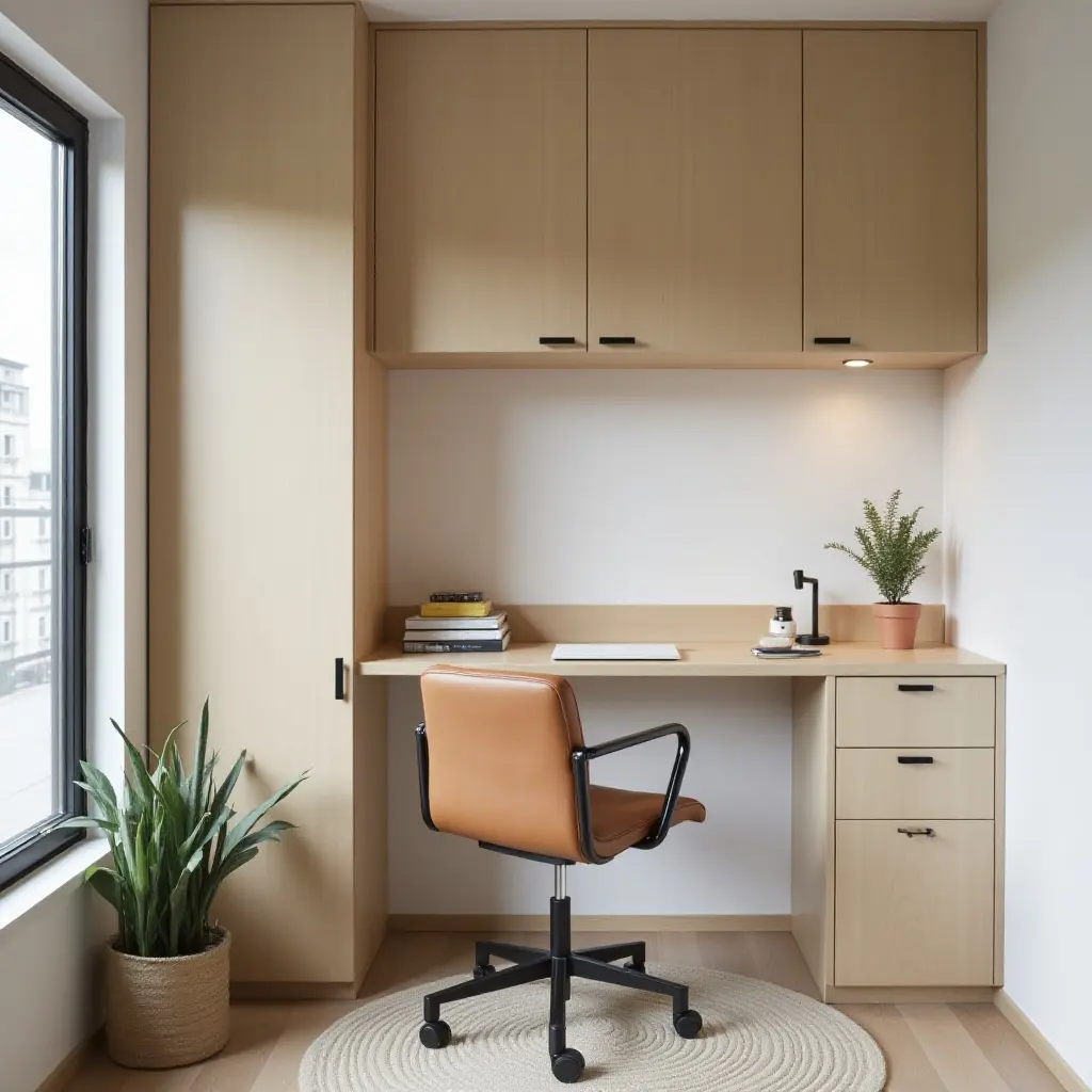 a photo of a small bedroom featuring a wall-mounted desk and foldable furniture