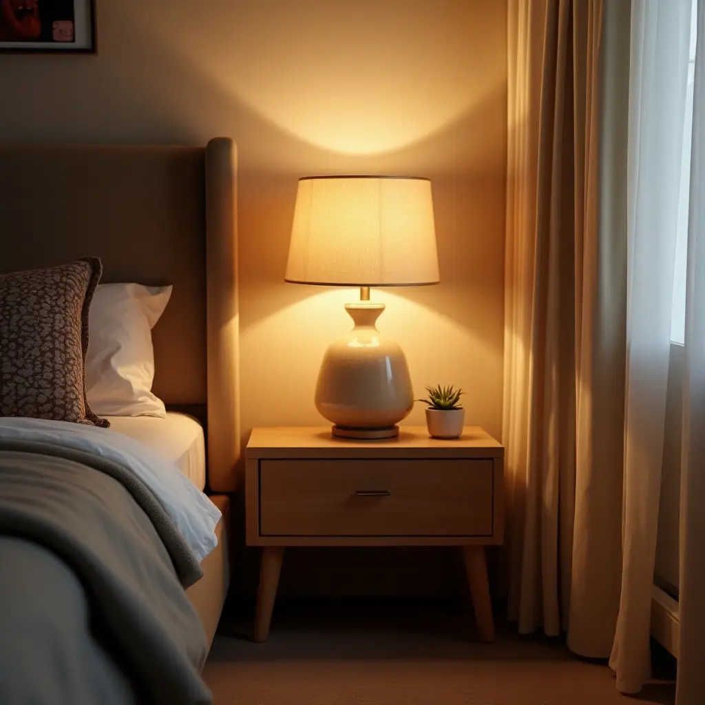a photo of a wooden side table with a lamp in a cozy teen's room