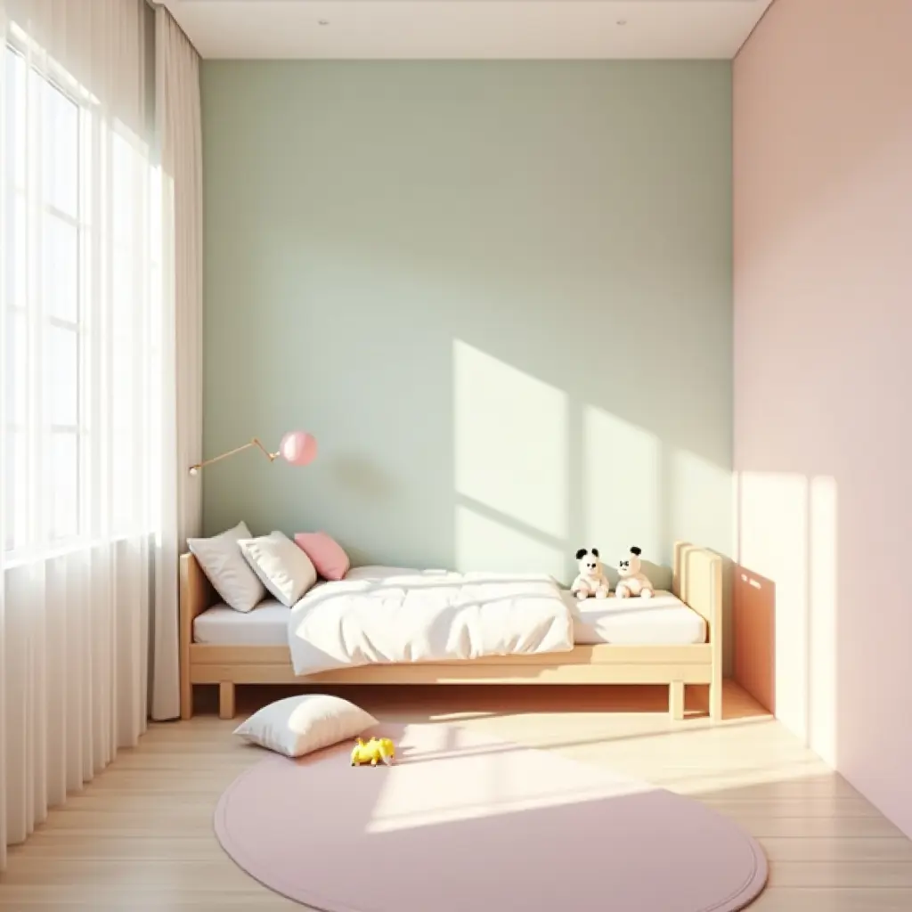 a photo of a minimalist kids' bedroom with soft pastel colors and natural light