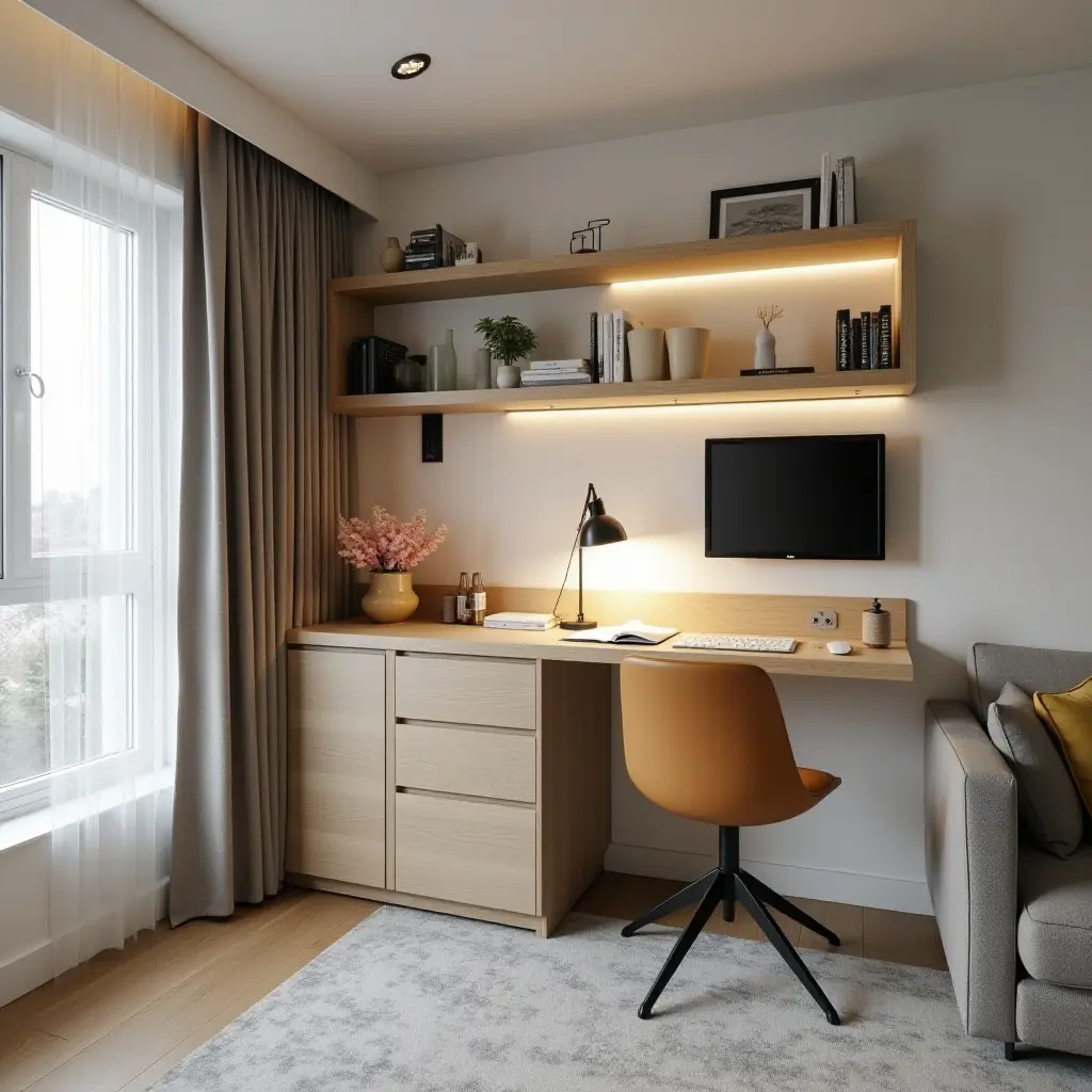 a photo of a small living room showcasing a compact desk area integrated with the seating arrangement