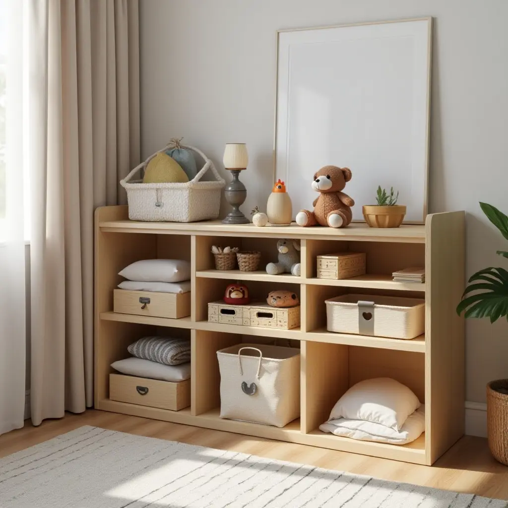 a photo of a wooden toy organizer in a stylish teen's room