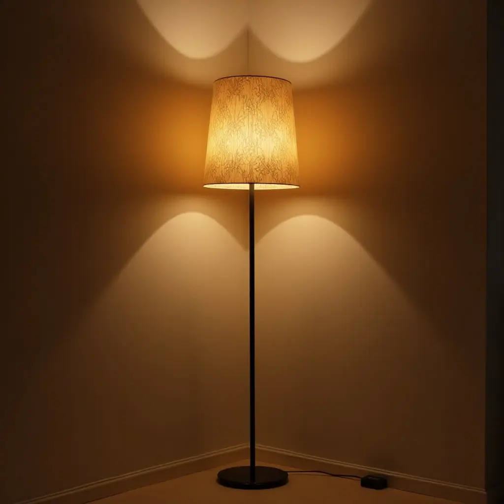 a photo of a floor lamp with a bohemian shade illuminating a corner