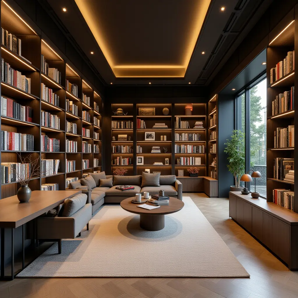 a photo of a library with a mix of open and closed shelving