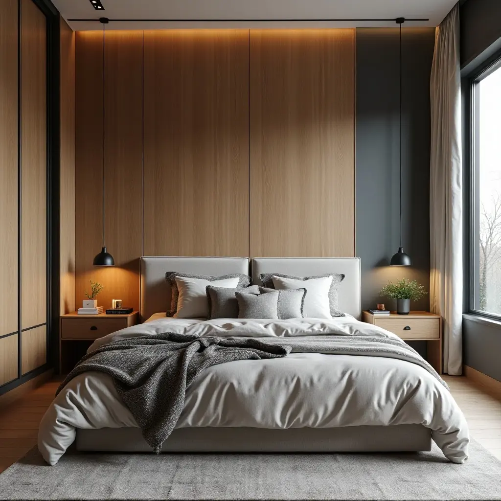 a photo of a dynamic teen bedroom with layered fabric, wood, and metal textures