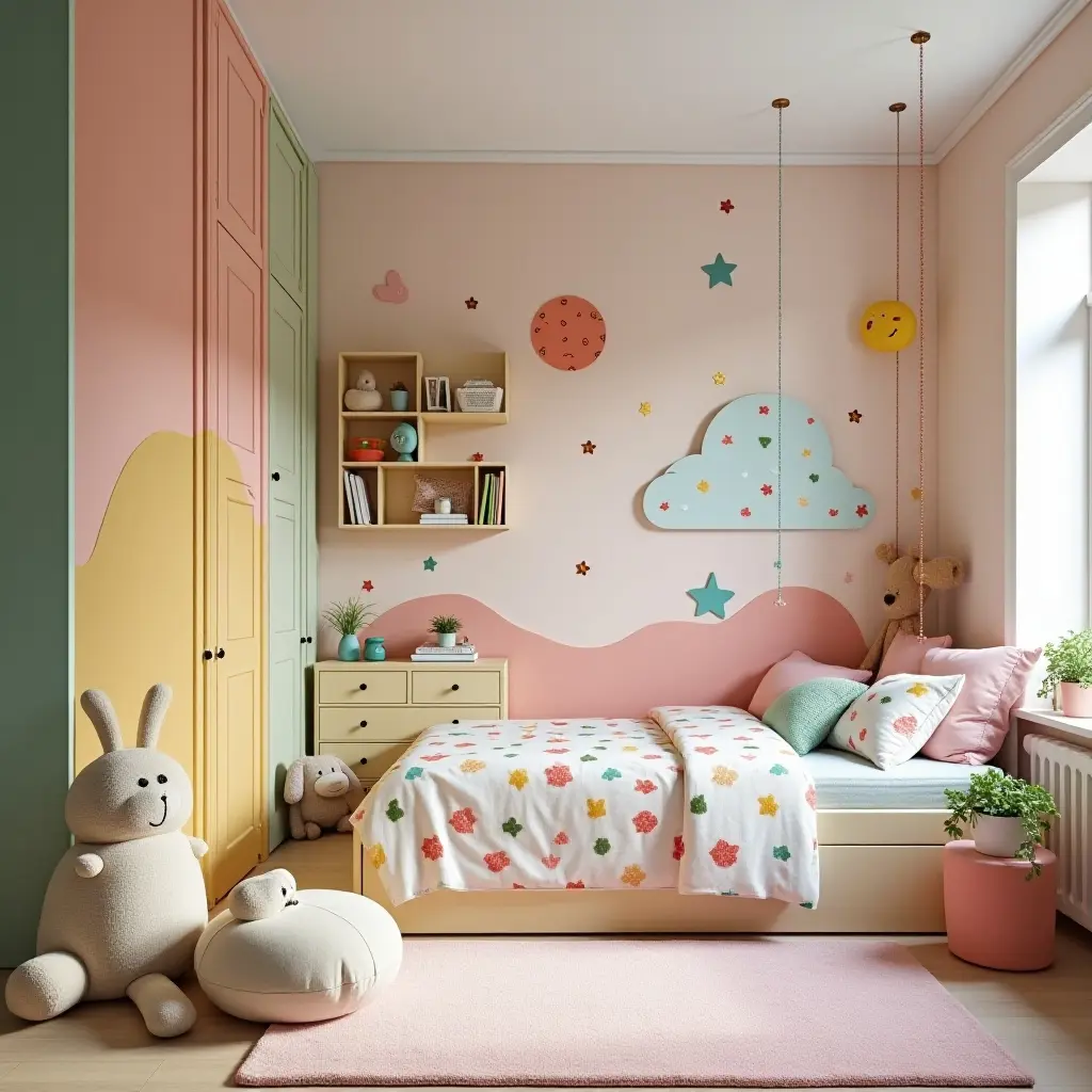 a photo of a colorful children's bedroom with playful decor and storage solutions