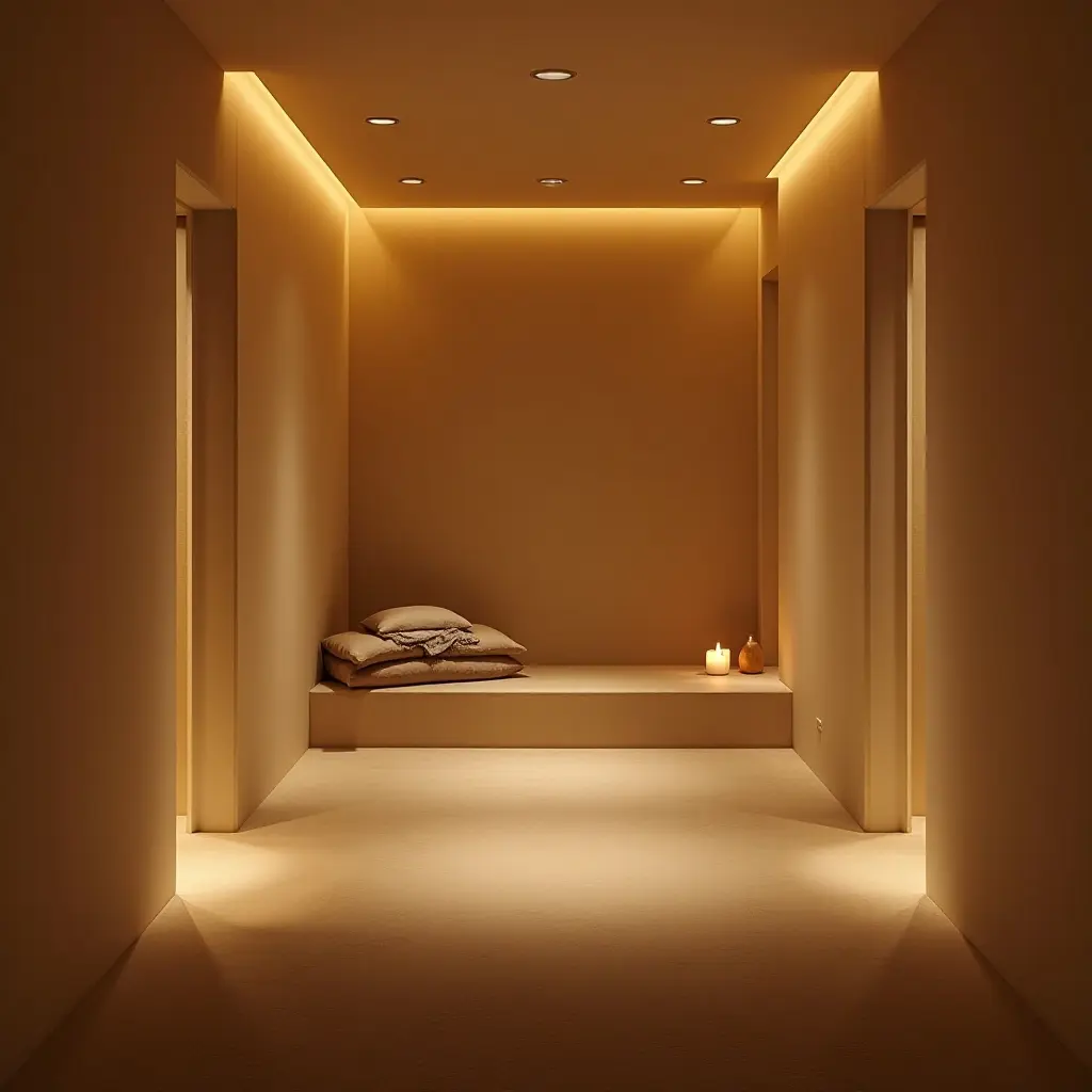 a photo of a basement meditation space with soft, diffused lighting