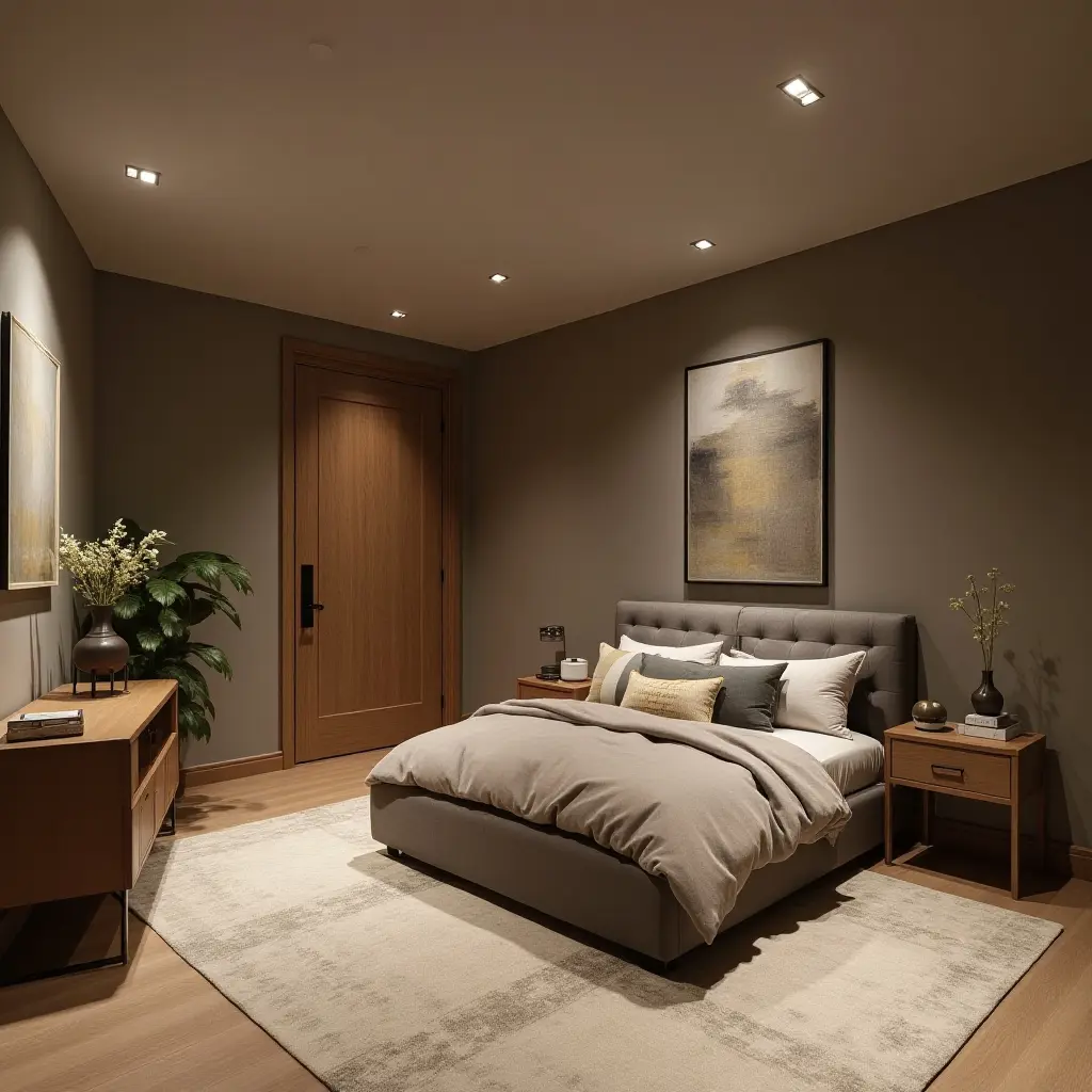 a photo of a basement with a multifunctional ottoman for storage