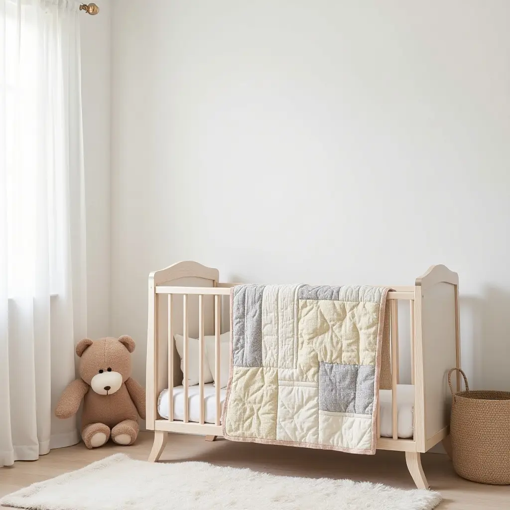 a photo of a nursery with a soft quilt made from Mediterranean fabrics
