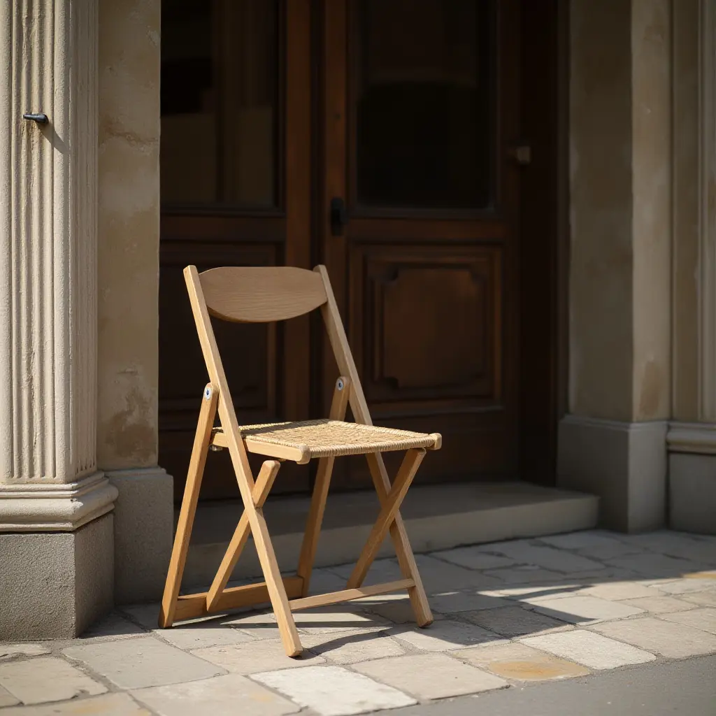 a photo of a wooden folding chair beside the entrance