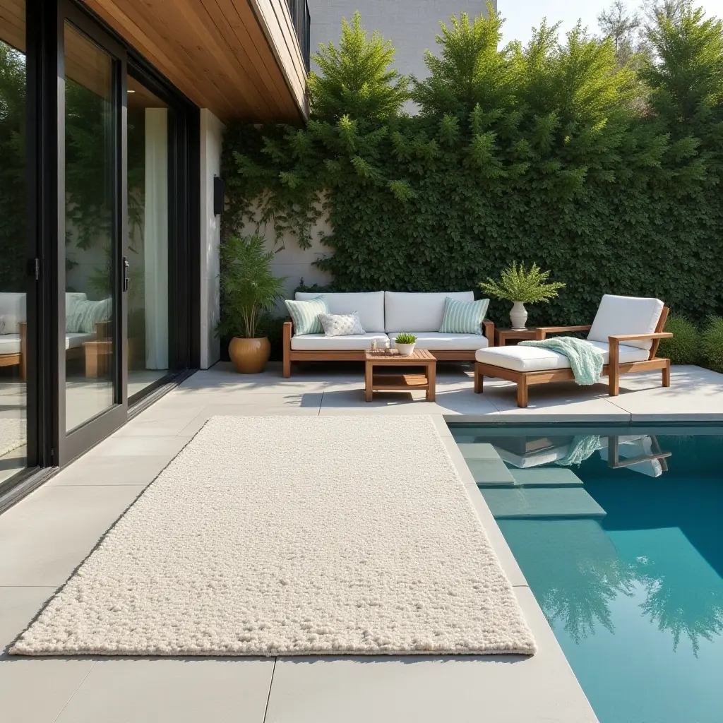 a photo of a contemporary outdoor rug enhancing poolside aesthetics
