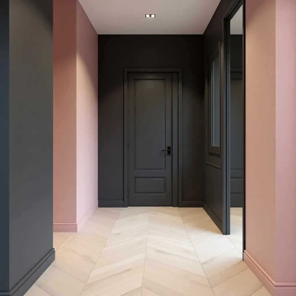 a photo of a chic charcoal grey and blush pink corridor