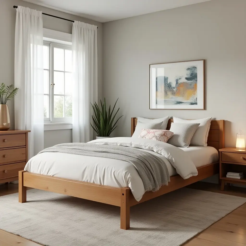 a photo of a cozy wooden bed frame in a teen's bedroom
