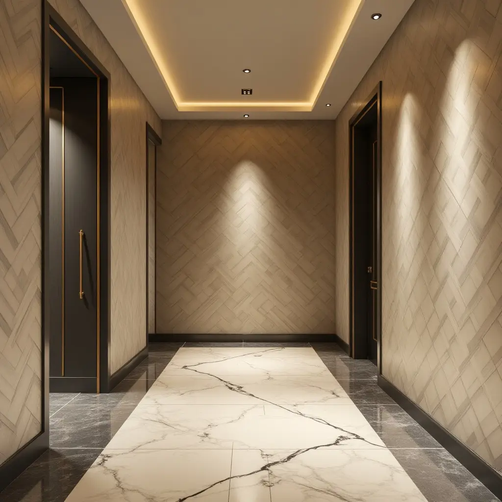 a photo of an entrance hall showcasing metallic wallpaper designs