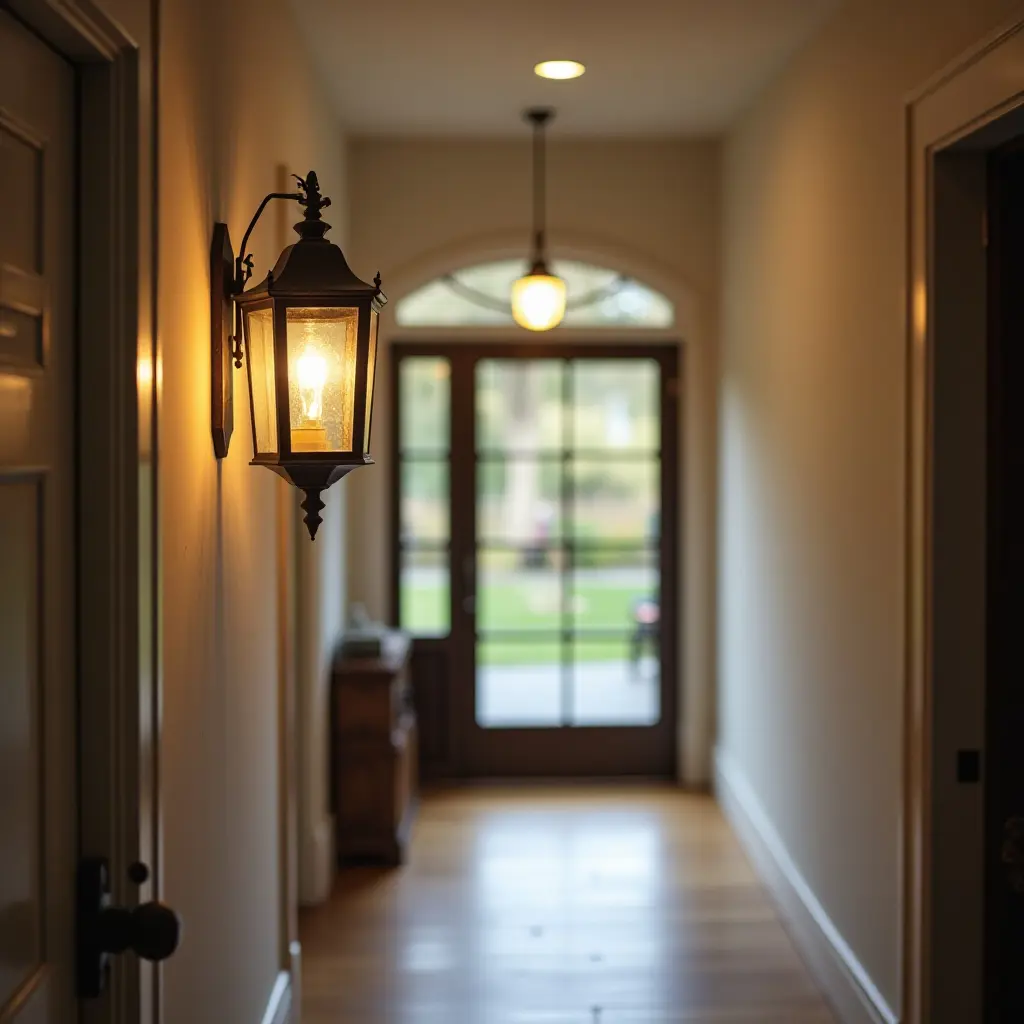 a photo of a vintage lantern lighting up a charming entrance hall