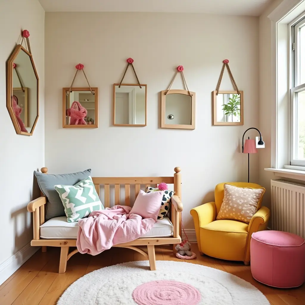 a photo of a colorful kids' room with mirrored decorations enhancing the playful atmosphere