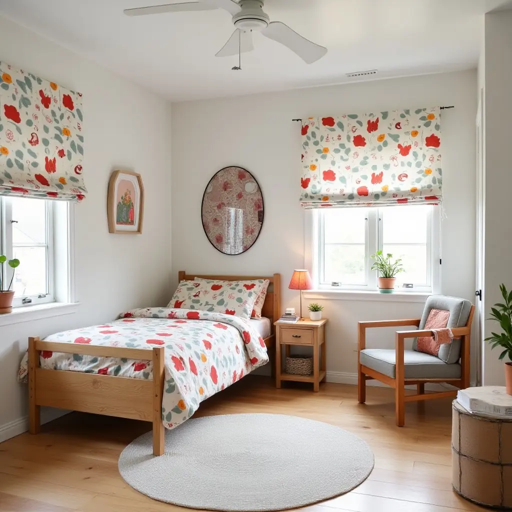 a photo of a fun kids' bedroom with playful fabric prints, sturdy wood furniture, and quirky metal art