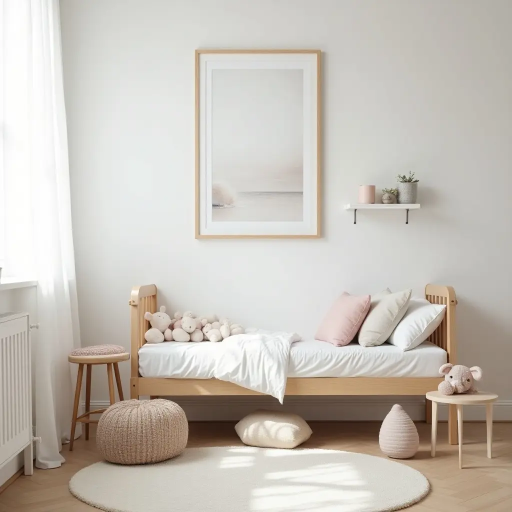 a photo of a light and airy Scandinavian kids' room with a mix of textures