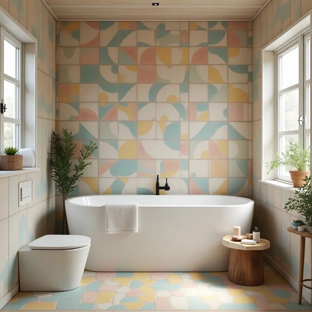 a photo of a playful Scandinavian bathroom with colorful tiles and natural elements