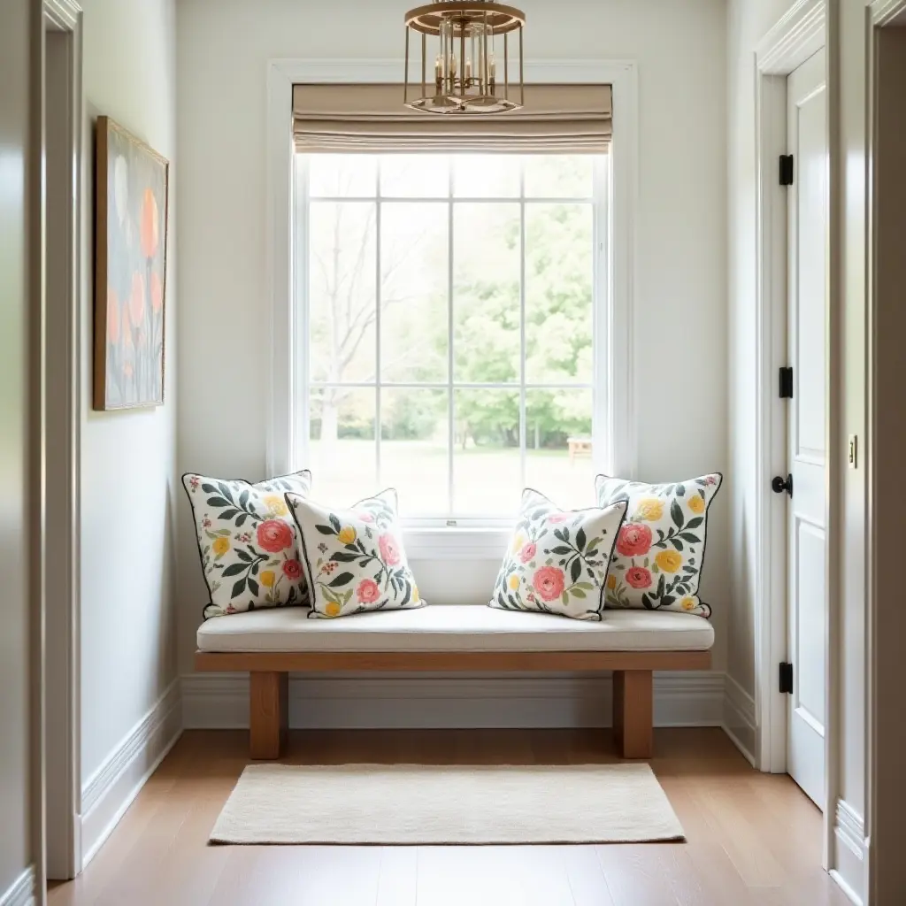 a photo of a bright entrance hall adorned with floral throw pillows on a bench